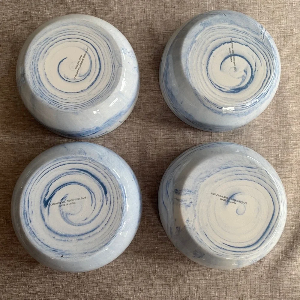 Artisanal Kitchen Supply Coupe Marble Blue Swirl Soup Cereal Bowls Set of 4